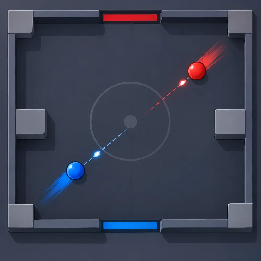 Top-down arena: a blue and a red player shoot at each other